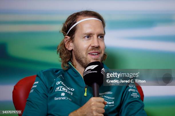 Sebastian Vettel of Germany and Aston Martin F1 Team attends the Drivers Press Conference during previews ahead of the F1 Grand Prix of Mexico at...