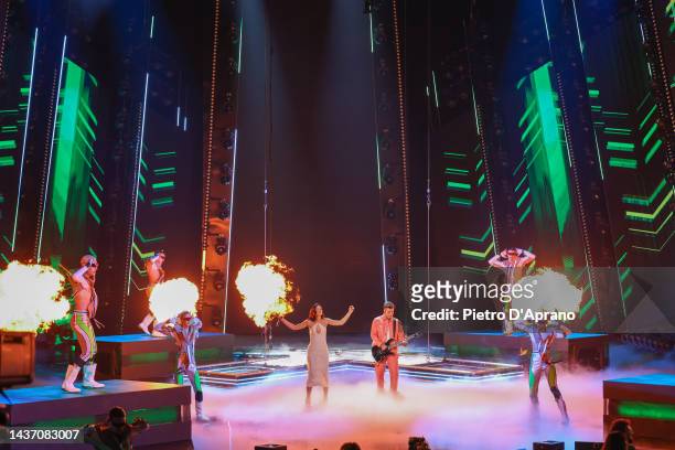 Francesca Michielin and Fedez attend the 16th edition of X Factor 2022 at Repower Theatre on October 27, 2022 in Assago, Italy.