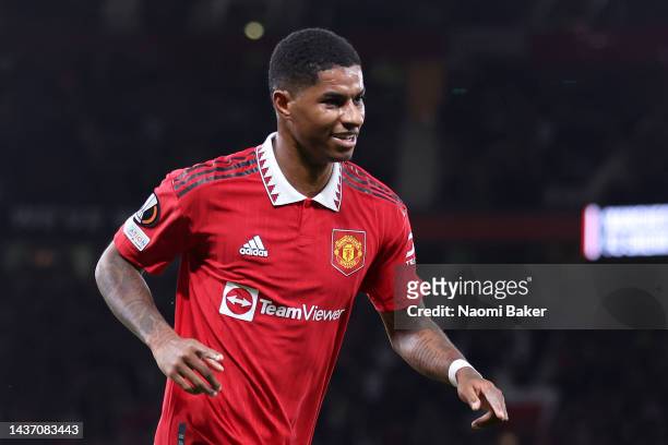 Marcus Rashford of Manchester United celebrates after scoring their team's second goal during the UEFA Europa League group E match between Manchester...