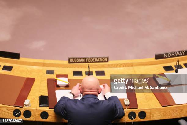 Permanent Representative of Russia to the United Nations Vasily Nebenzya speaks during a UN Security Council meeting at the United Nations...