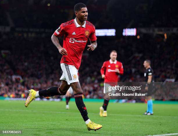 Marcus Rashford of Manchester United celebrates after scoring their team's second goal during the UEFA Europa League group E match between Manchester...