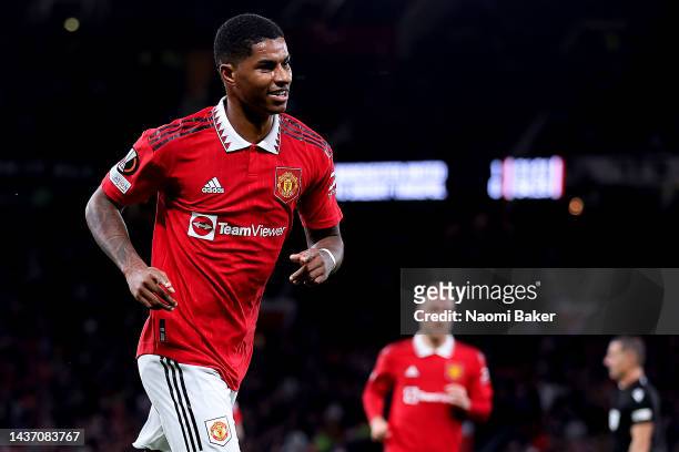Marcus Rashford of Manchester United celebrates after scoring their team's second goal during the UEFA Europa League group E match between Manchester...