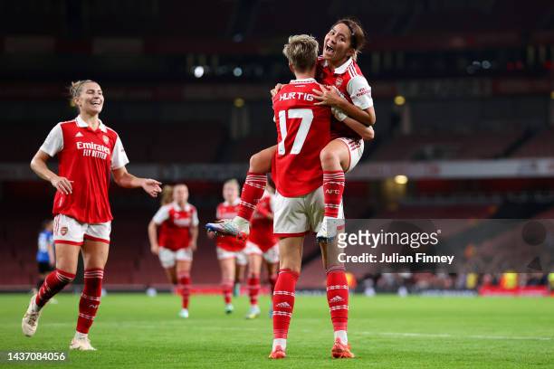 Lina Hurtig of Arsenal celebrates with teammate Mana Iwabuchi after scoring their side's second goal during the UEFA Women's Champions League group C...