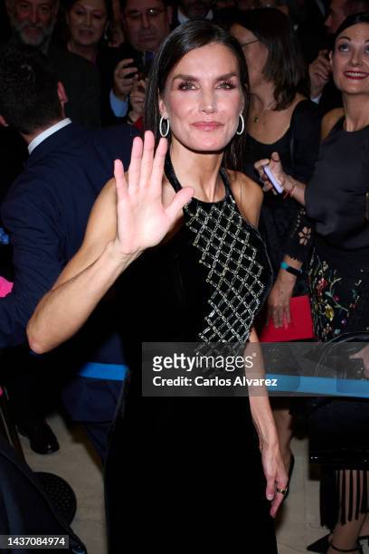 Queen Letizia of Spain attends a concert ahead of the "Princesa De Asturias" Awards 2022 at the Prince Felipe Auditorium on October 27, 2022 in...