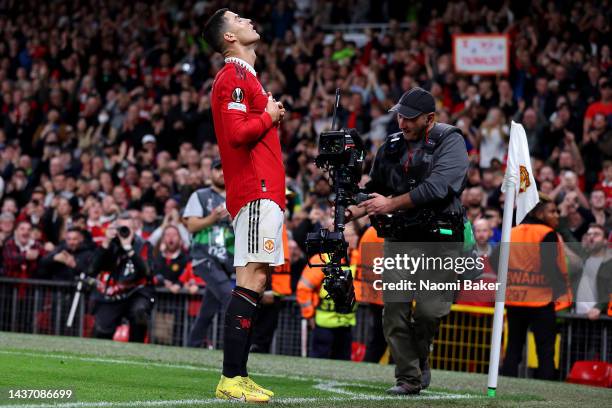 Cristiano Ronaldo of Manchester United celebrates after scoring their team's third goal during the UEFA Europa League group E match between...