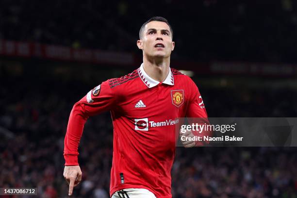 Cristiano Ronaldo of Manchester United celebrates after scoring their team's third goal during the UEFA Europa League group E match between...