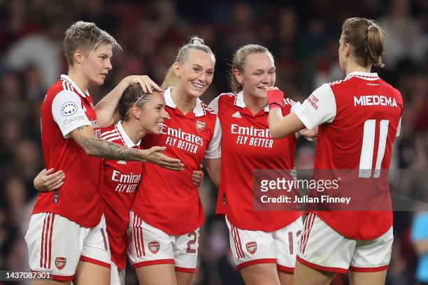 Lina Hurtig of Arsenal celebrates after scoring their side's third goal during the UEFA Women's Champions League group C match between Arsenal and FC...