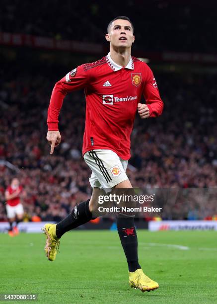 Cristiano Ronaldo of Manchester United celebrates after scoring their team's third goal during the UEFA Europa League group E match between...