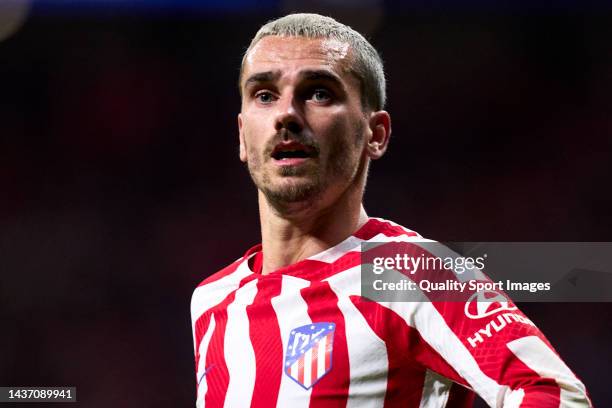 Antoine Griezmann of Atletico de Madrid looks on during the UEFA Champions League group B match between Atletico Madrid and Bayer 04 Leverkusen at...