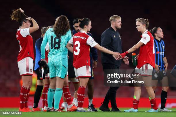Vivianne Miedema of Arsenal interacts with Jonas Eidevall, Manager of Arsenal following the UEFA Women's Champions League group C match between...