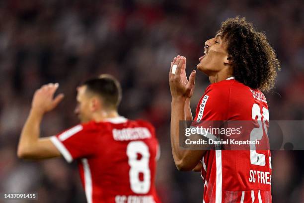 Kiliann Sildillia of SC Freiburg reacts during the UEFA Europa League group G match between Sport-Club Freiburg and Olympiakos Piraeus at Europa-Park...