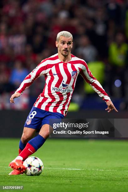 Antoine Griezmann of Atletico de Madrid looks on during the UEFA Champions League group B match between Atletico Madrid and Bayer 04 Leverkusen at...
