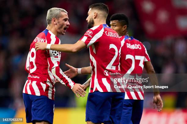 Antoine Griezmann of Atletico de Madrid reacts during the UEFA Champions League group B match between Atletico Madrid and Bayer 04 Leverkusen at...