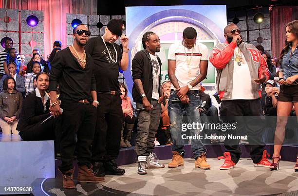 Omarion, French Montana, Wale, Meek Mill, and Rick Ross visit BET's "106 & Park" with host Rocsi Diaz at BET Studios on May 2, 2012 in New York City.