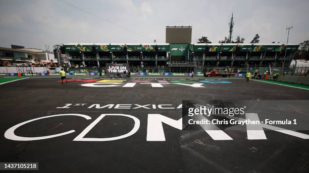Mexico City branding is pictured in the Foro Sol during previews ahead of the F1 Grand Prix of Mexico at Autodromo Hermanos Rodriguez on October 27,...
