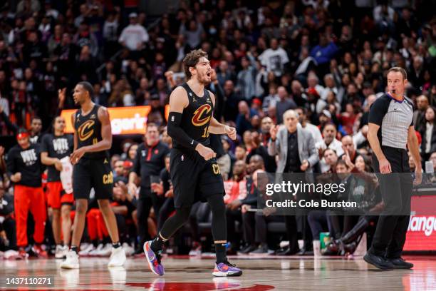 Cedi Osman of the Cleveland Cavaliers reacts to a referee's call during the second half of their NBA game against the Toronto Raptors at Scotiabank...