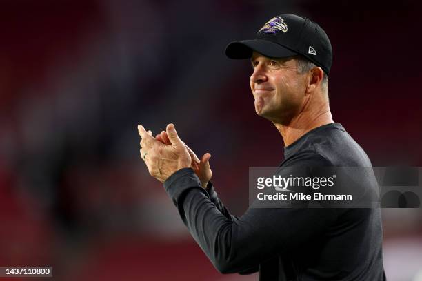 Head coach John Harbaugh of the Baltimore Ravens looks on during pregame warm-ups prior to a game against the Tampa Bay Buccaneers at Raymond James...