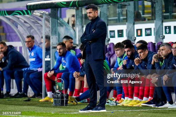 Coach Nicolae Dica of FCSB looks on during the Group B - UEFA Europa Conference League match between RSC Anderlecht and FCSB at the Lotto Park on...