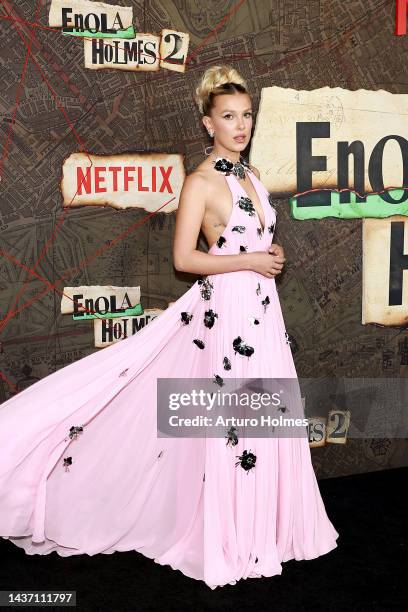 Millie Bobby Brown attends Netflix's "Enola Holmes 2" World Premiere at The Paris Theatre on October 27, 2022 in New York City.