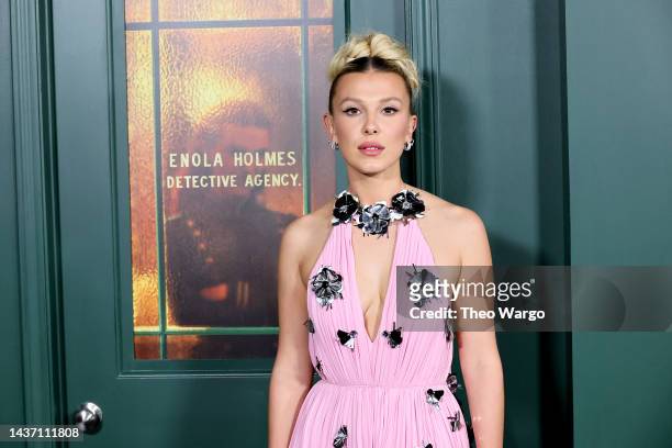 Millie Bobby Brown attends Netflix's "Enola Holmes 2" World Premiere at The Paris Theatre on October 27, 2022 in New York City.