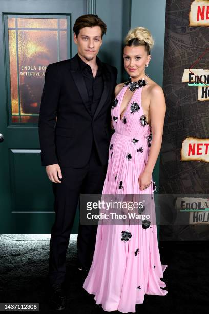 Jake Bongiovi and Millie Bobby Brown attend Netflix's "Enola Holmes 2" World Premiere at The Paris Theatre on October 27, 2022 in New York City.