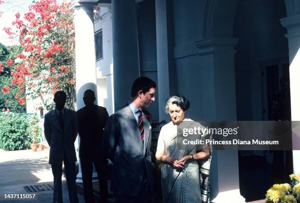 View of Prince Charles, Prince of Wales and Indian Prime Minister Indira Gandhi outside the latter's home , Dehli, November 27, 1980.