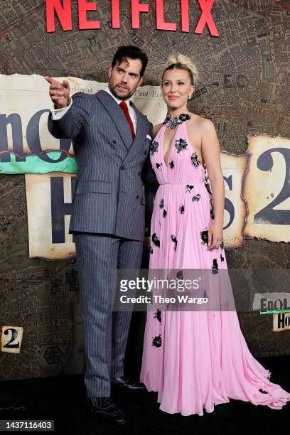 Henry Cavill and Millie Bobby Brown attend Netflix's "Enola Holmes 2" World Premiere at The Paris Theatre on October 27, 2022 in New York City.