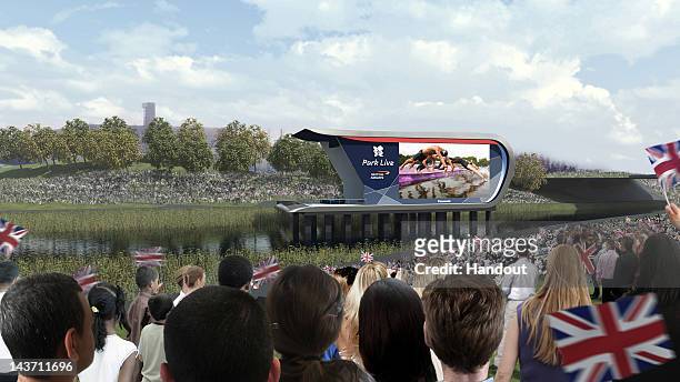 In this handout photo illustration provided by LOCOG, an artist impression depicts scenes of the crowd cheering at 'Park Live' presented by British...