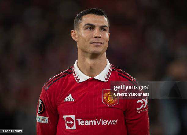 Cristiano Ronaldo of Manchester United lines up before the UEFA Europa League group E match between Manchester United and Sheriff Tiraspol at Old...