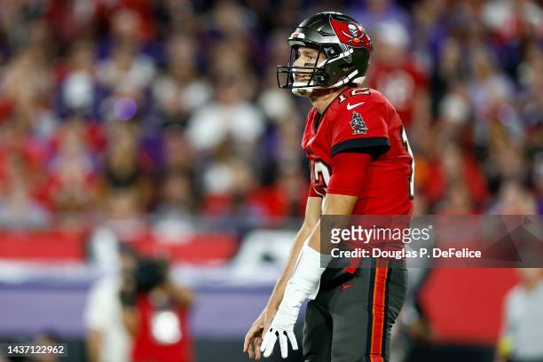 Tom Brady of the Tampa Bay Buccaneers reacts during the first quarter against the Baltimore Ravens at Raymond James Stadium on October 27, 2022 in...