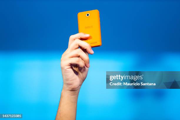 Executive director Mark Surman from Mozilla shows the Firefox Os on a cellphone in Campus Party Sao Paulo Brazil about Firefox OS on stage on January...