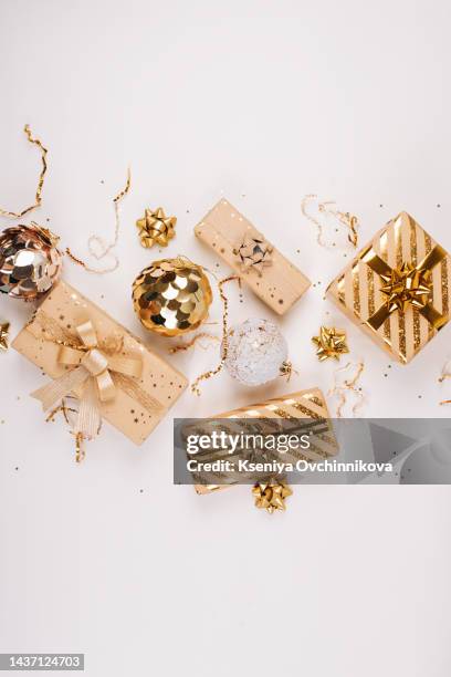 many different gifts on a white background. christmas concept. - white ribbon stock pictures, royalty-free photos & images