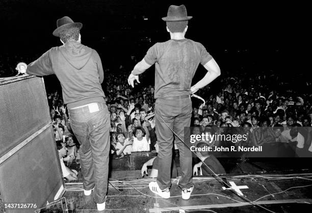 American rapper, producer, DJ and television personality Joseph "Run" Simmons and rapper Darryl "DMC" McDaniels, of the American hip hop group...