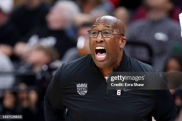 Sacramento Kings head coach Mike Brown shouts to his team during their game against the Portland Trail Blazers at Golden 1 Center on October 19, 2022...