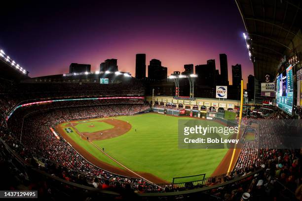 View of the Houston skyline in game two of the American League Championship Series at Minute Maid Park on October 20, 2022 in Houston, Texas.