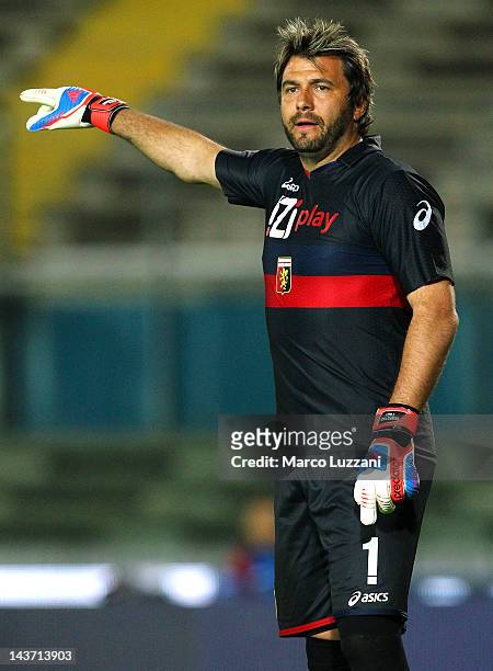 Sebastien Frey of Genoa CFC gestures during the Serie A match between Genoa CFC and Cagliari Calcio at Mario Rigamonti Stadium on May 2, 2012 in...