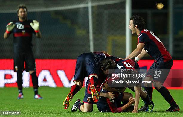 Bosko Jankovic of Genoa CFC celebrates with his team-mates after scoring his goal during the Serie A match between Genoa CFC and Cagliari Calcio at...