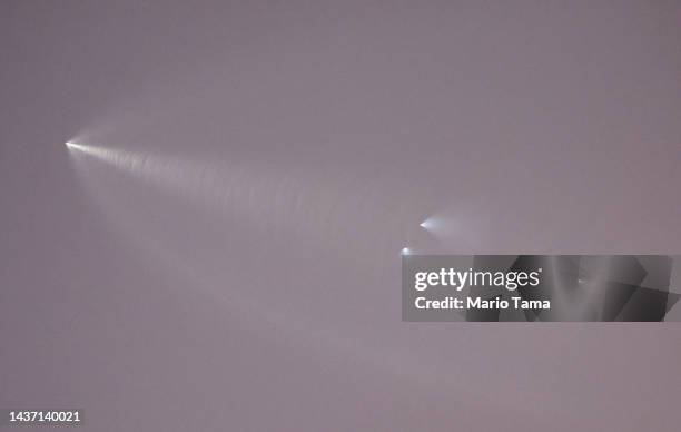 The SpaceX Falcon 9 rocket rises ahead of the rocket's vapor trail after launching from Vandenberg Space Force Base carrying 53 Starlink satellites...