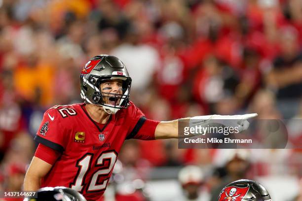 Tom Brady of the Tampa Bay Buccaneers signals at the line of scrimmage against the Baltimore Ravens during the fourth quarter at Raymond James...