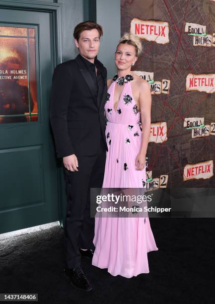 Jake Bongiovi and Millie Bobby Brown attend the Netflix Enola Holmes 2 Premiere on October 27, 2022 in New York City.