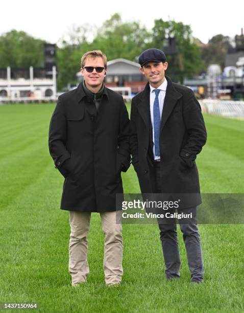 Trainers Edward Cummings and brother James Cummings pose ahead of Derby Day at Flemington Racecourse on October 28, 2022 in Melbourne, Australia.