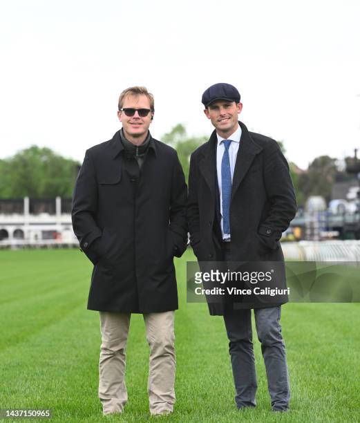Trainers Edward Cummings and brother James Cummings pose ahead of Derby Day at Flemington Racecourse on October 28, 2022 in Melbourne, Australia.
