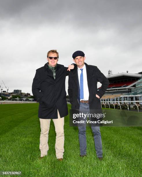 Trainers Edward Cummings and brother James Cummings pose ahead of Derby Day at Flemington Racecourse on October 28, 2022 in Melbourne, Australia.