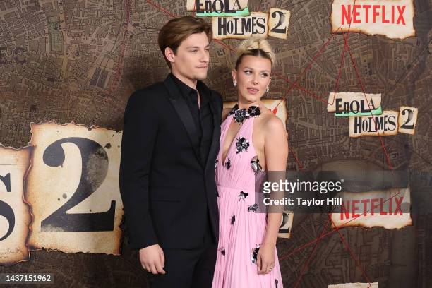 Jake Bongiovi and Millie Bobby Brown attend the world premiere of Netflix's "Enola Holmes 2" at The Paris Theatre on October 27, 2022 in New York...
