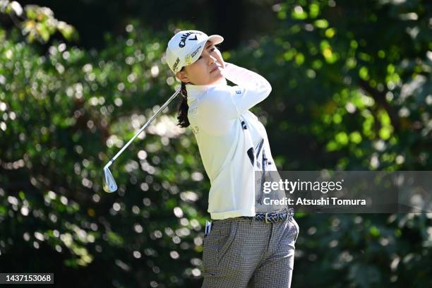 Sakura Yokomine of Japan hits her tee shot on the 12th hole during the first round of the Mitsubishi Electric/Hisako Higuchi Ladies at Musashigaoka...