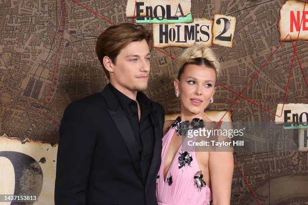Jake Bongiovi and Millie Bobby Brown attend the world premiere of Netflix's "Enola Holmes 2" at The Paris Theatre on October 27, 2022 in New York...