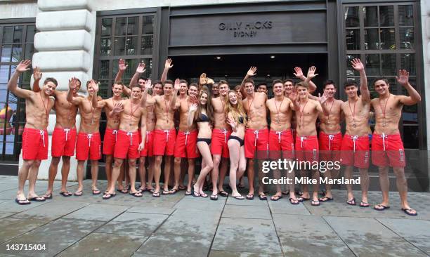 Hot Life guards pose for the opening of the Gilly Hicks and Hollister store on May 3, 2012 in London, England.