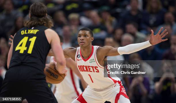 Jabari Smith Jr., #1 of the Houston Rockets pressures Kelly Olynyk of the Utah Jazz during the second half of their game at the Vivint Arena October...