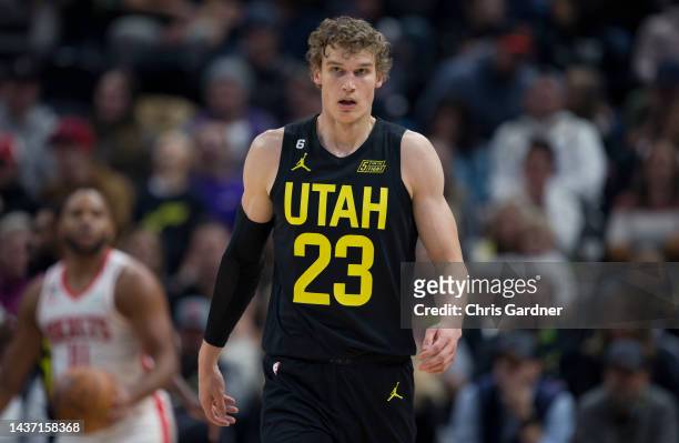 Lauri Markkanen of the Utah Jazz runs up the court against the Houston Rockets during the first half of their game at the Vivint Arena October 26,...