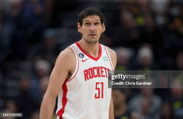 Boban Marjanovic of the Houston Rockets sets to defend against the Utah Jazz during the first half of their game at the Vivint Arena October 26, 2022...